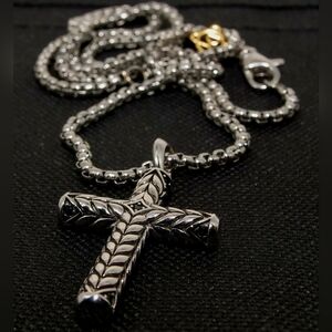 David Yurman Chevron Cross Necklace With Black Onyx On Yurman Box Chain